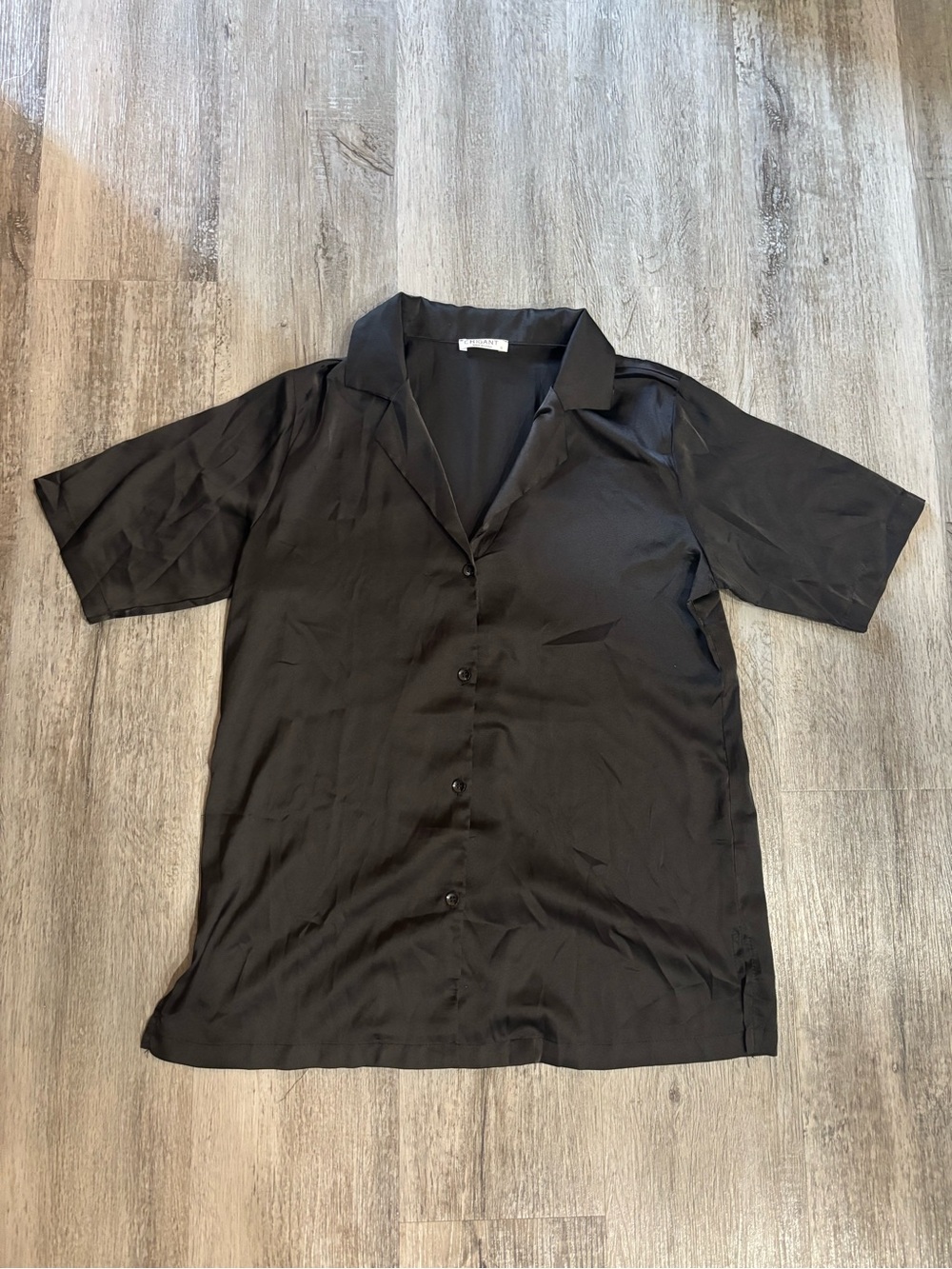 Black Satin Short-Sleeve Button-Down Shirt - Picture 2 of 5